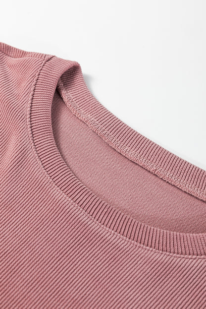 Fushia Solid Color Textured Knit Drop Shoulder Pullover Drawstring Shorts Set