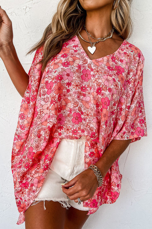 Pink Boho Floral V Neck Kimono Style Blouse Aaria Tees