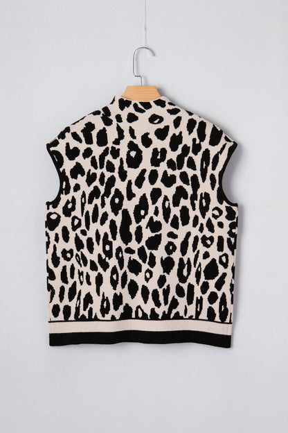 Black Leopard Print High Neck Short Sleeve Sweater