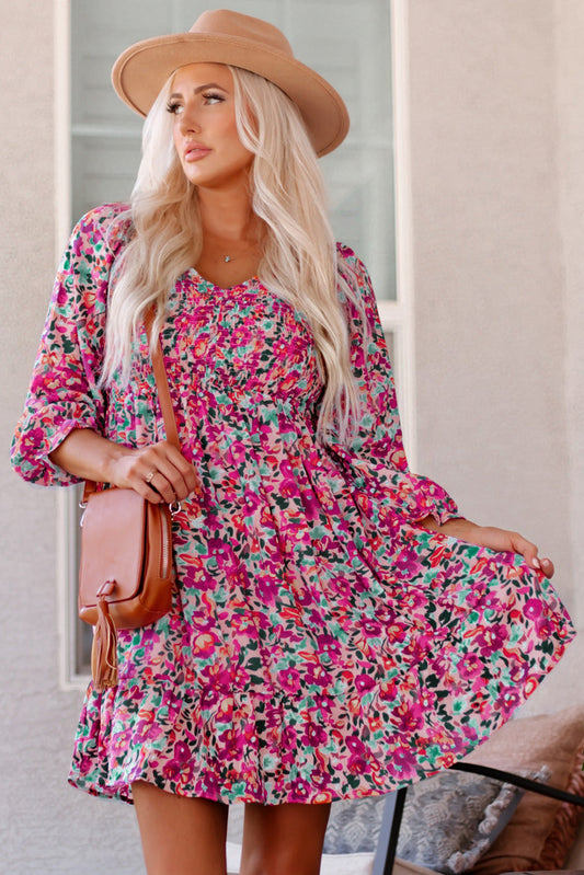 Purple Smocked V Neck Puffy Sleeve Floral Dress Aaria Tees
