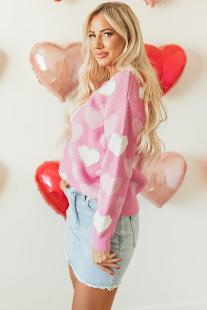 Pink Pearled Heart Print Valentines Crew Neck Sweater - Aaria Tees