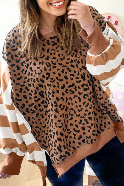 Purple Stripe Color Block Patchwork Leopard Casual Sweatshirt with Slits