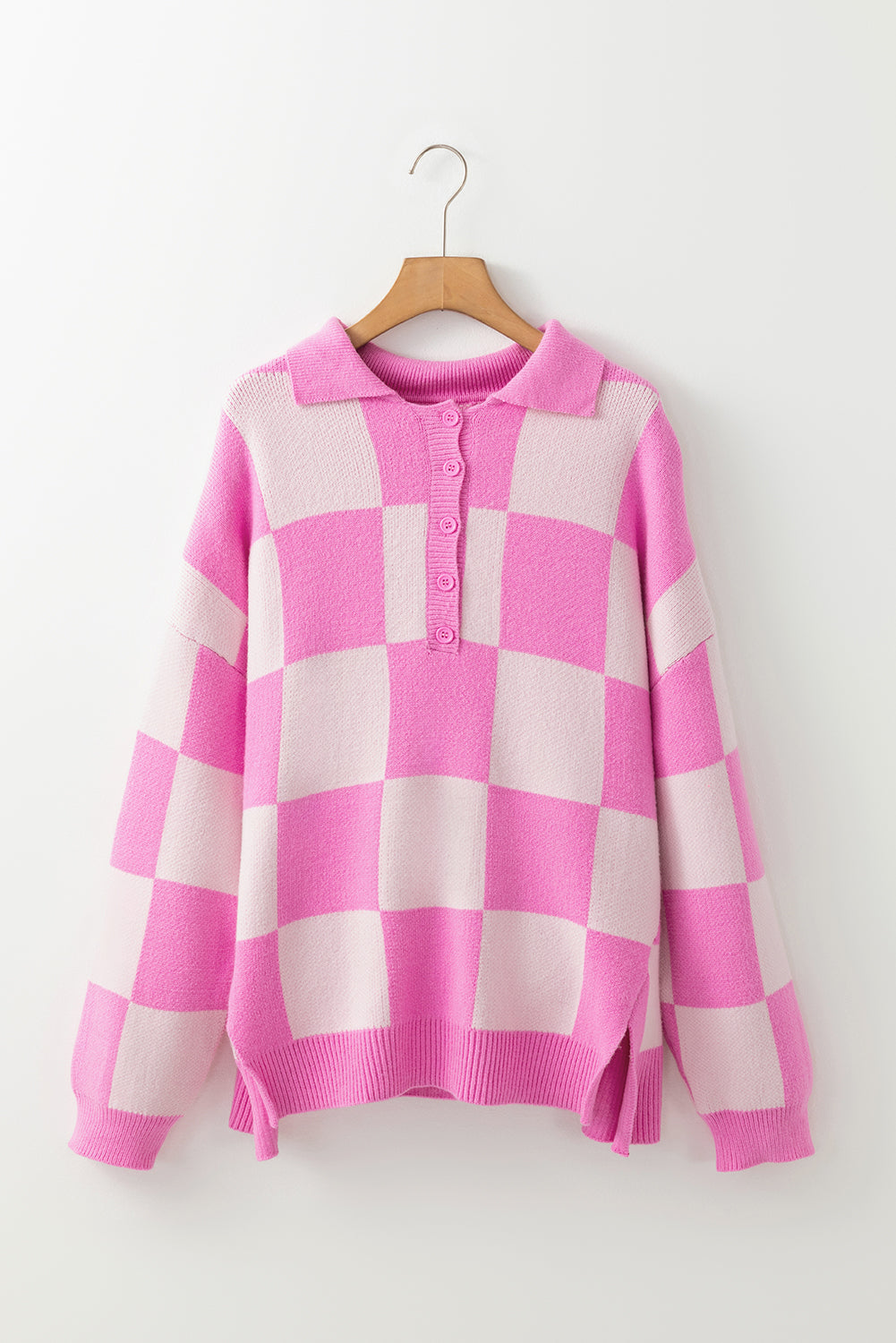 Pink Checkered Button Collared Sweater