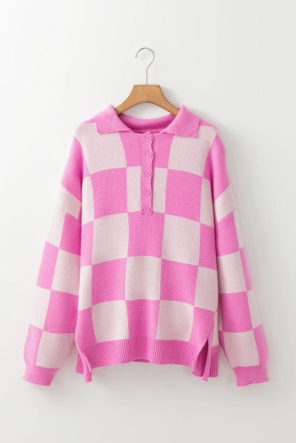 Pink Checkered Button Collared Sweater