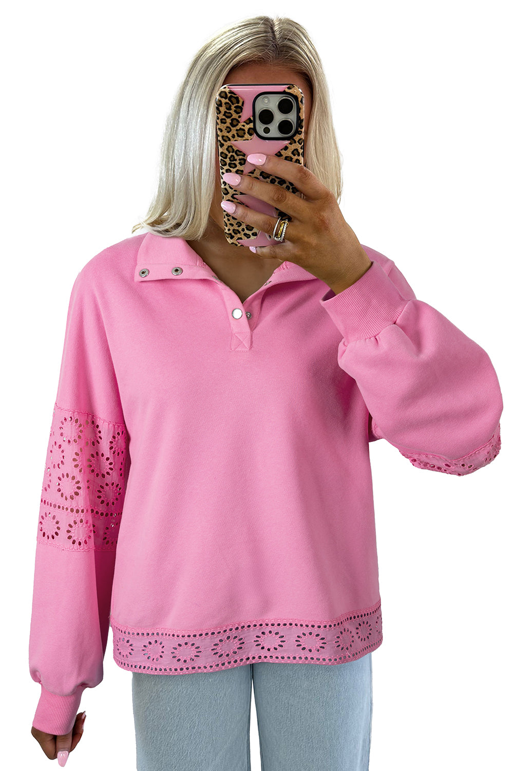 Yellow Cream Embroidered Flower Patchwork Snap Buttons Pullover Sweatshirt