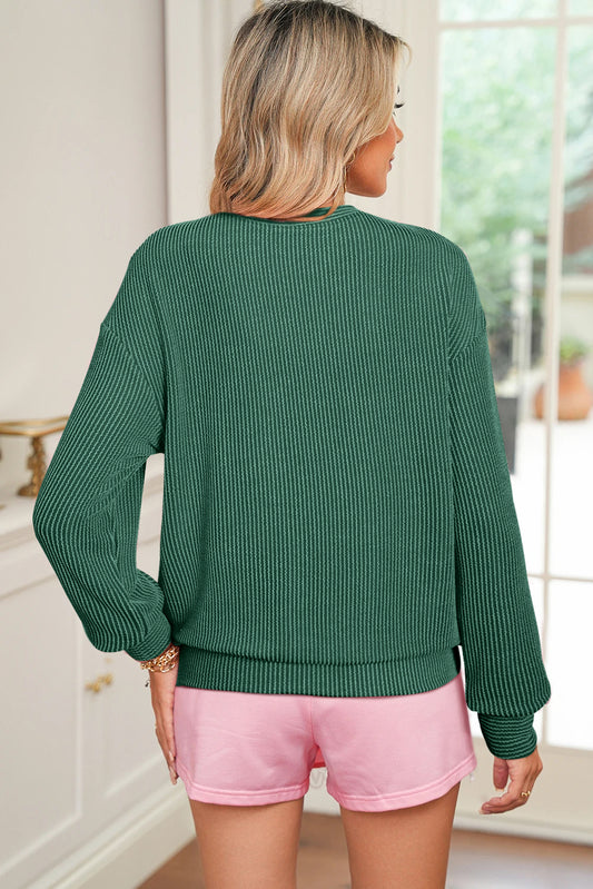 Evergreen Twisted Rib Outlined Merry Letter Graphic Loose Long Sleeve Top