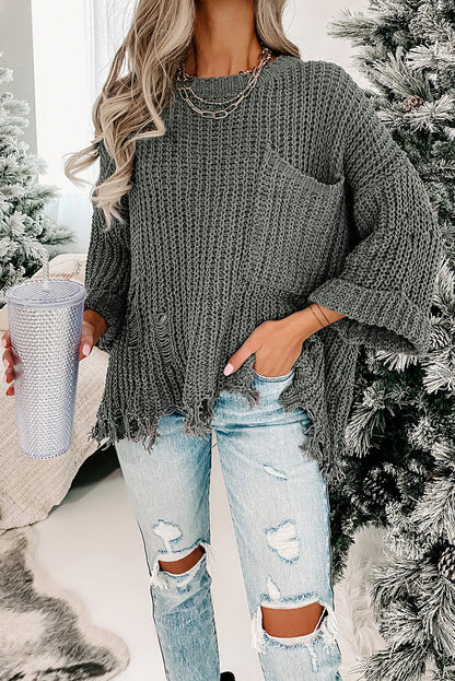 Alina Ripped Raw Hem Chunky Pullover Sweater - Aaria Tees