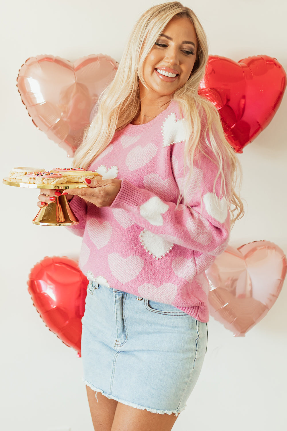 Pink Pearled Heart Print Valentines Crew Neck Sweater - Aaria Tees