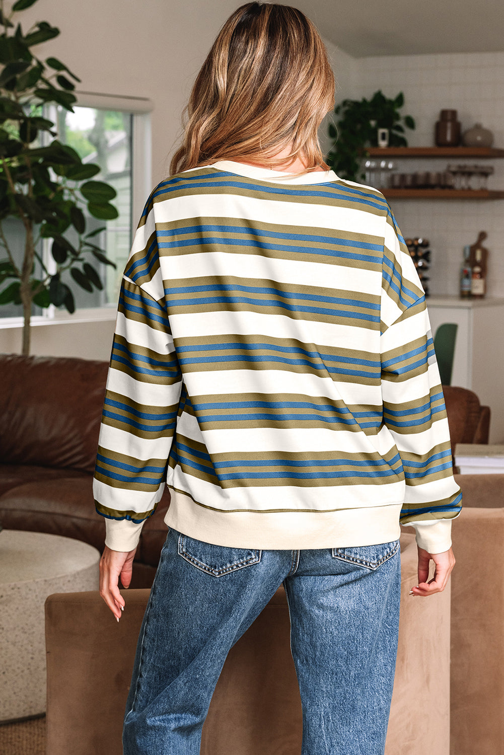 Brown Stripe Crew Neck Drop Shoulder Pullover Sweatshirt