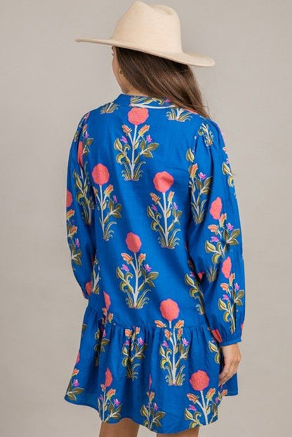 White Floral Print Contrast Striped Trim Notched Neck Long Sleeve Dress