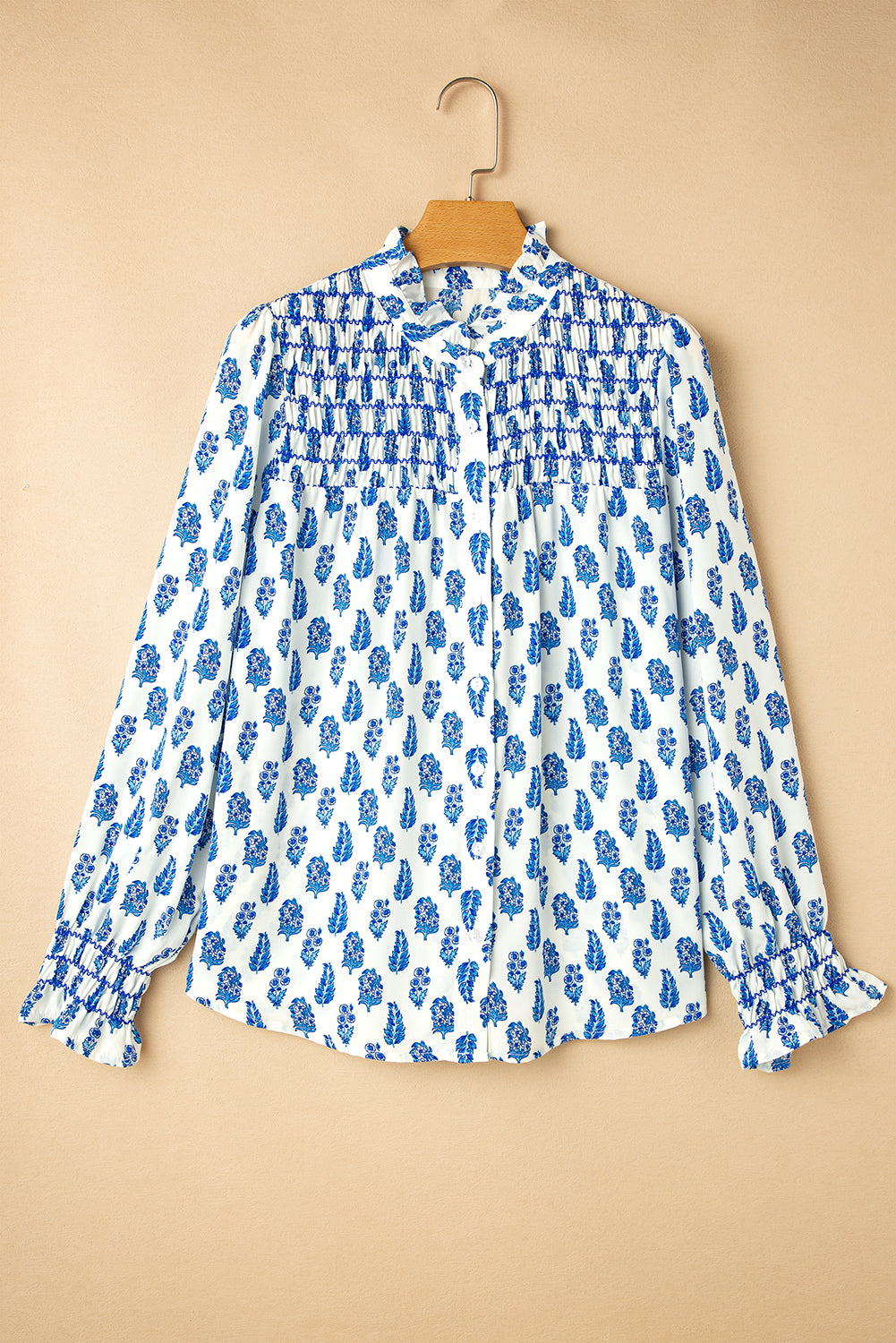 Sky Blue Boho Floral Printed Lantern Sleeve Frilled Neck Shirred Shirt Aaria Tees