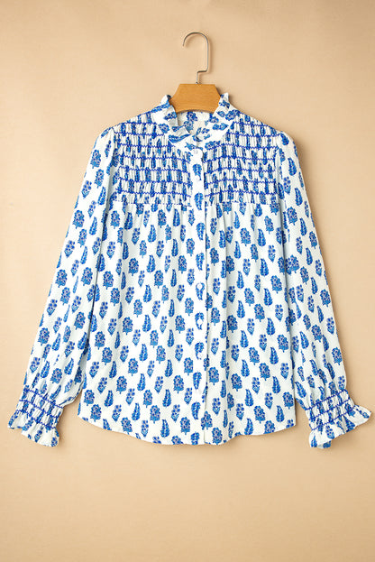 Sky Blue Boho Floral Printed Lantern Sleeve Frilled Neck Shirred Shirt Aaria Tees