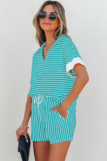Sky Blue Stripe V Neck Tee and Casual Short Set
