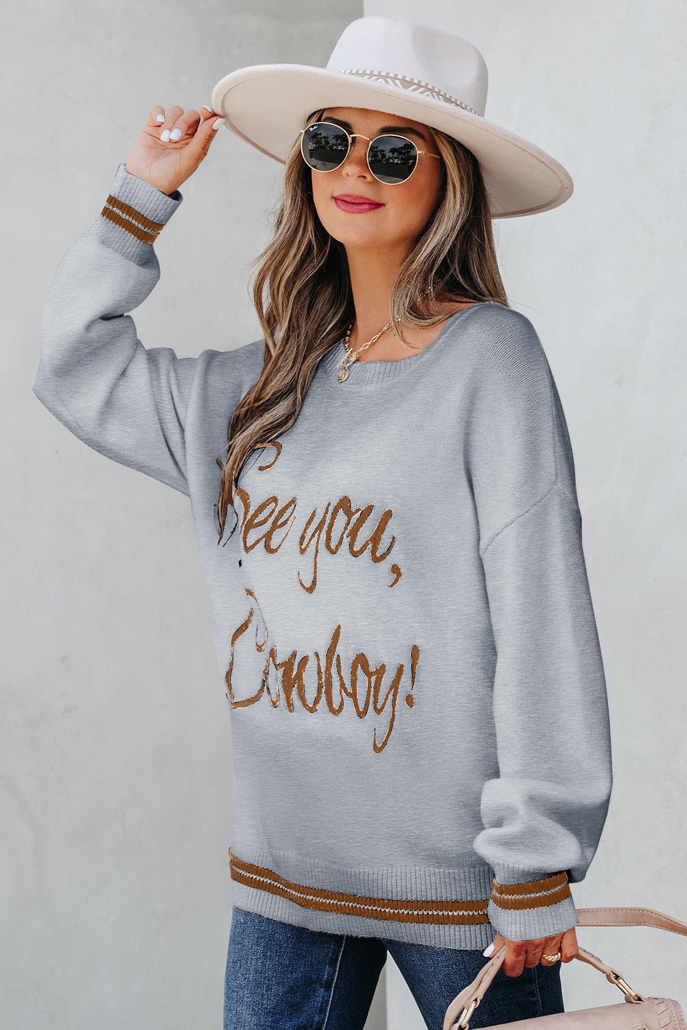 Coffee See You Cowboy Embroidered Western Graphic Sweater