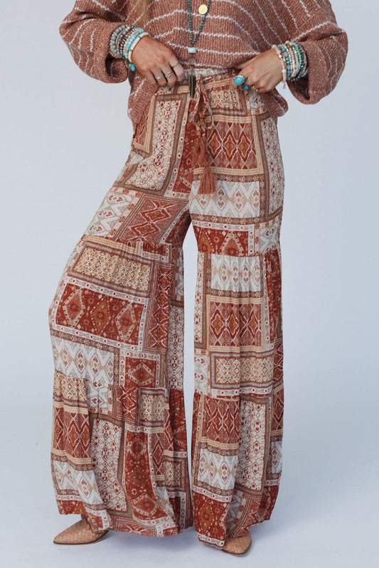 Brown Boho Aztec Print Tiered Palazzo Pants Aaria Tees