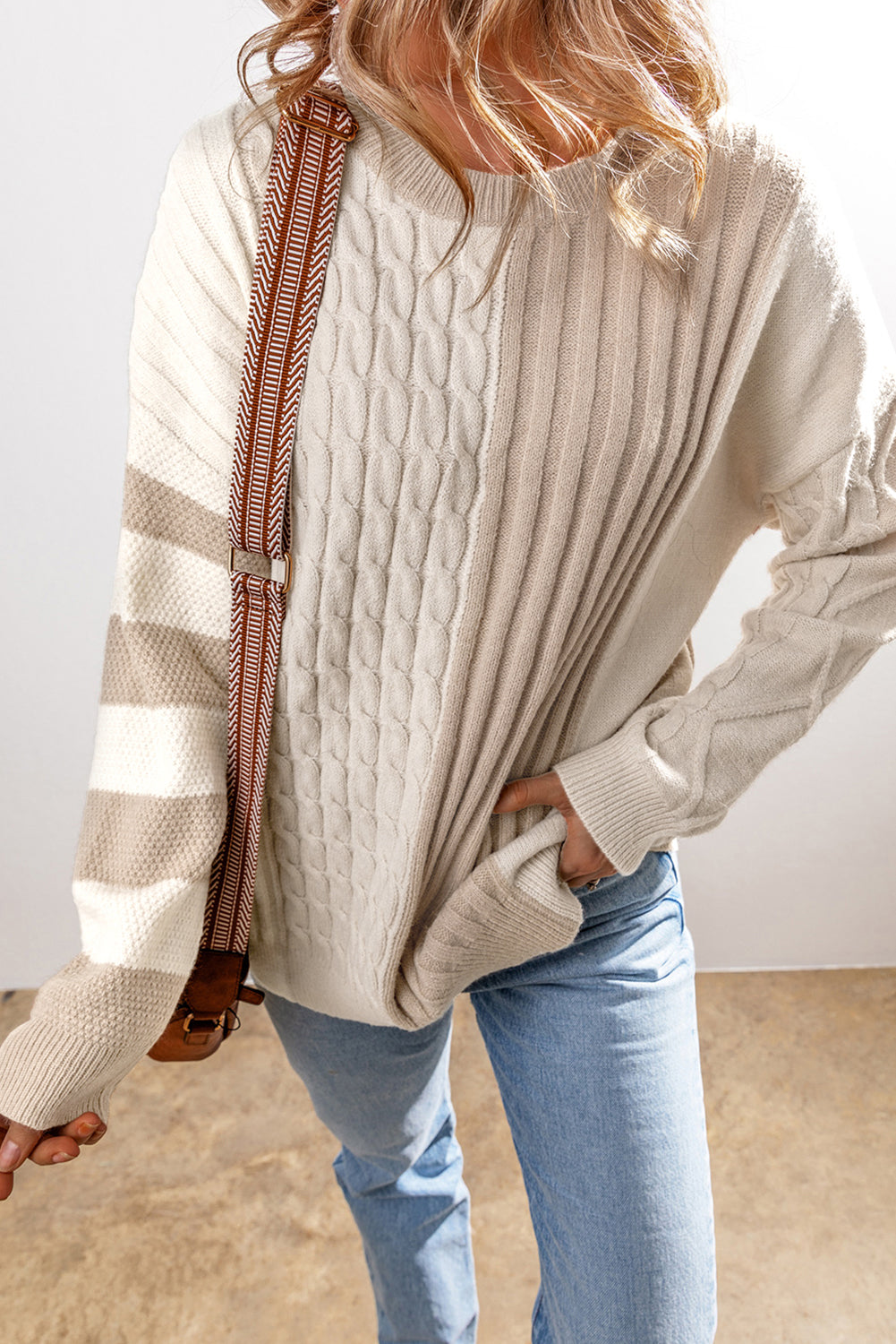 Cable Knit Color Block Crew Neck Sweater Threaded Pear