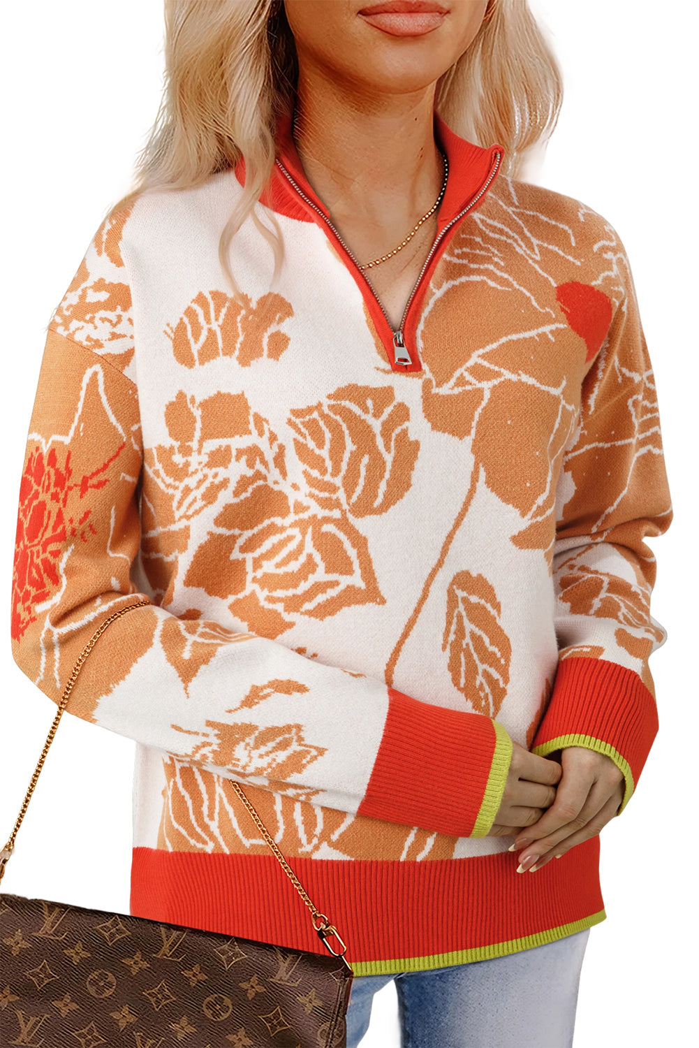 Khaki Ribbed Detail Floral Pattern Zip Collar Pullover Sweater