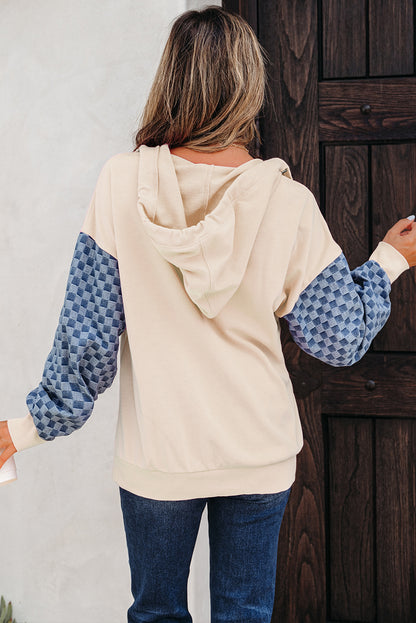 Parchment Checkered Patchwork Kangaroo Pocket Half Zipper Hoodie