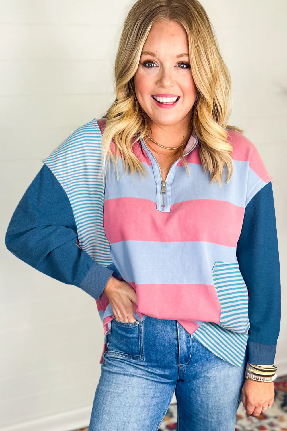 Blue Stripe Colorblock Patchwork Zip up Plus Size Pullover