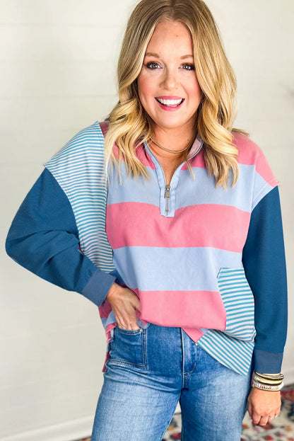 Blue Stripe Colorblock Patchwork Zip up Plus Size Pullover