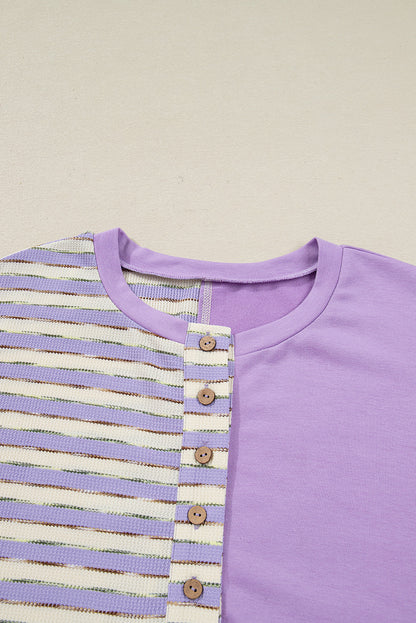 Plus Size Stripe Patchwork Buttoned Drop Shoulder Pullover