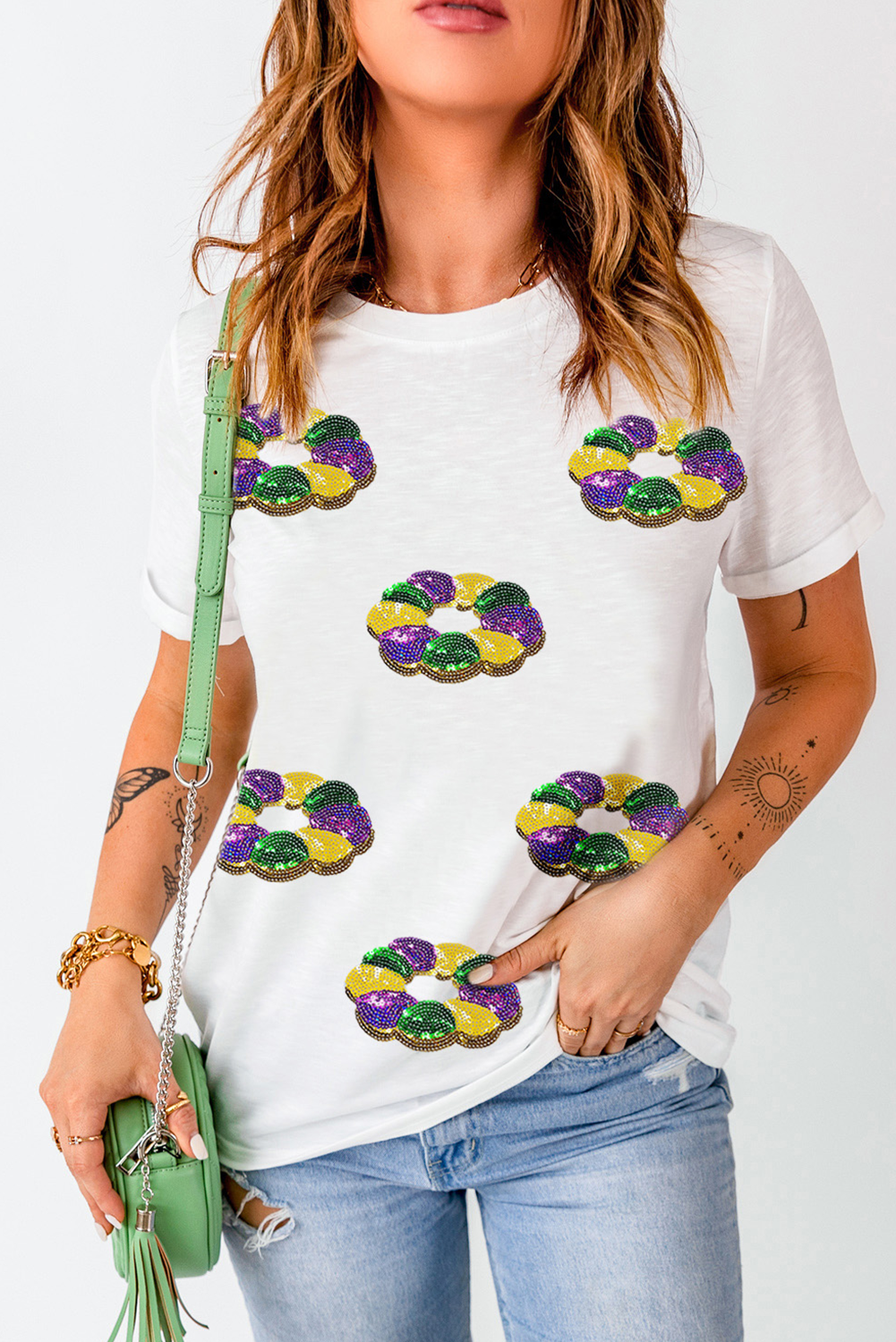 White Sequined Mardi Gras Pattern Crew Neck Short Sleeve Top - Aaria Tees