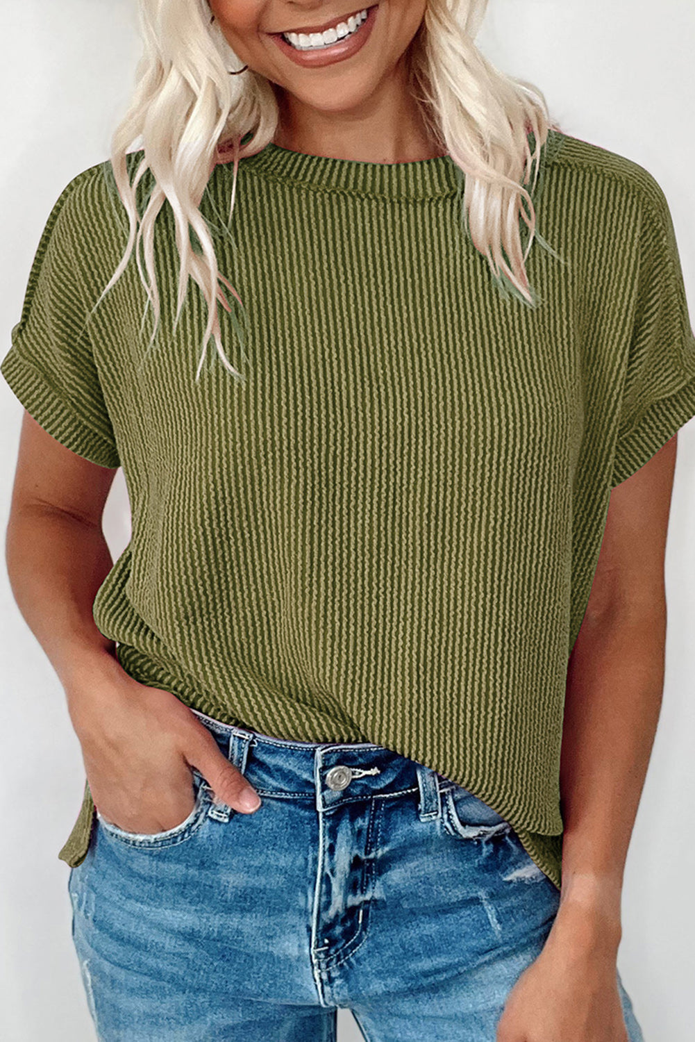 Jungle Green Textured Knit Exposed Stitching T-shirt