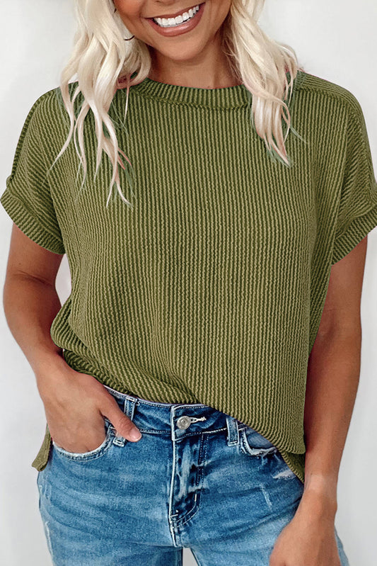 Jungle Green Textured Knit Exposed Stitching T-shirt