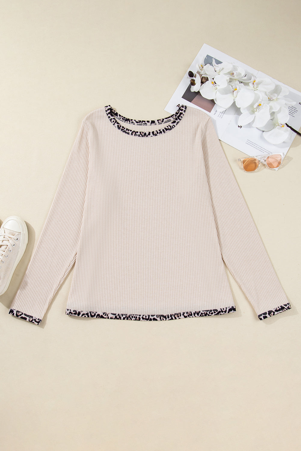 Plus Size Leopard Contrast Trim Ribbed Knit Top