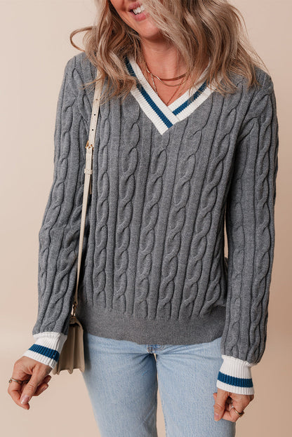 Kayle Ribbed Edge Cable Knit V Neck Sweater Threaded Pear