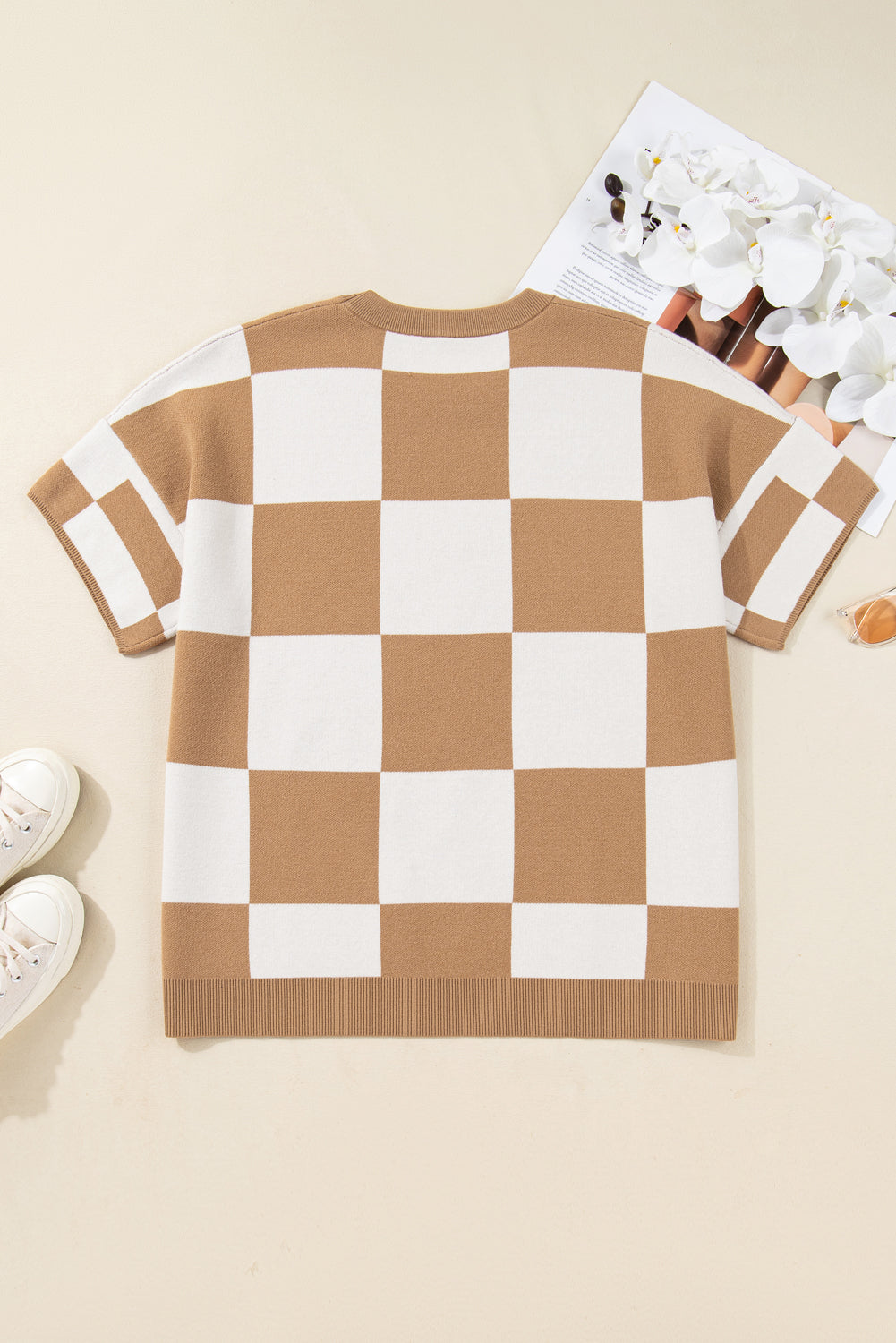 Light French Beige Plus Size Checkered Pattern Knit Short Sleeve Sweater