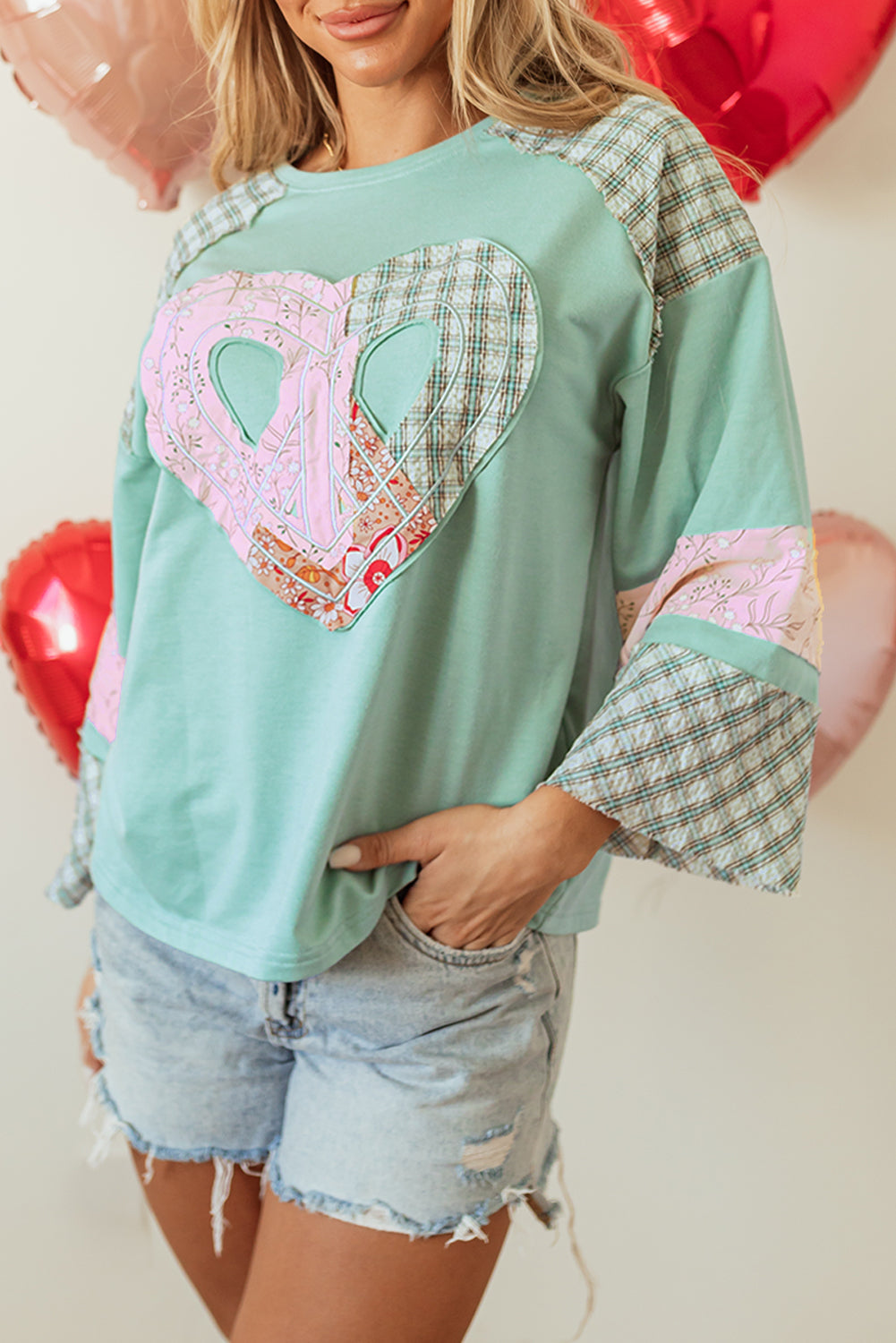 Clearly Aqua Plaid Floral Peace Heart Graphic Wide Long Sleeve Top - Aaria Tees