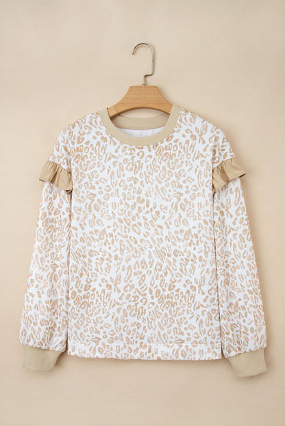 Leopard Ruffle Ribbed Trim Round Neck Sweatshirt