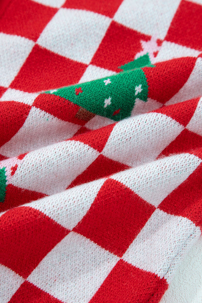 Checker Christmas Tree Buttoned V-Neck Cardigan Sweater