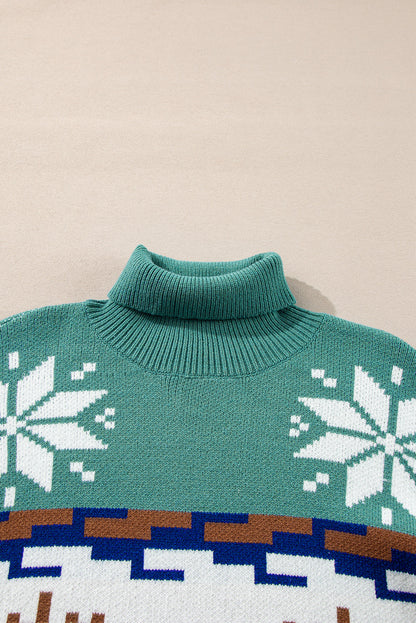 Christmas Reindeer Snowflake Colorblock Turtleneck Sweater