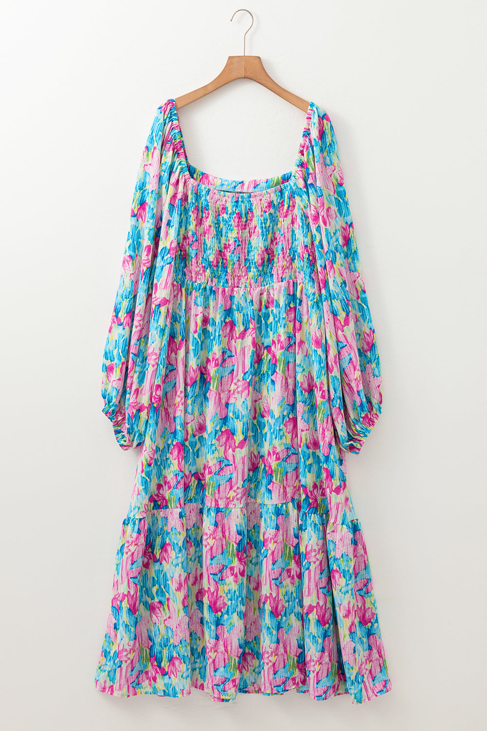 Sky Blue Floral Allover Print Shirred Square Neck Plus Size Maxi Dress - Aaria Tees