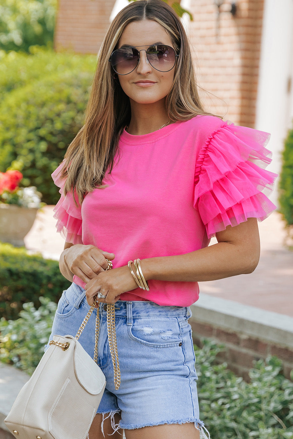 White Tulle Ruffle Sleeve Blouse