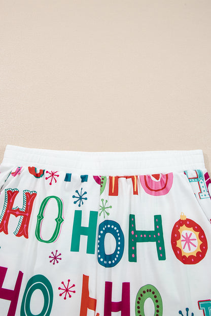 White Plus Size Christmas Ho Ho Ho Print Long Sleeve Top and Shorts 2pc Lounge Set