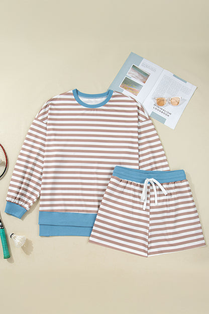 Khaki Stripe Contrast Edge Drop Shoulder Pullover and Shorts Plus Size Set