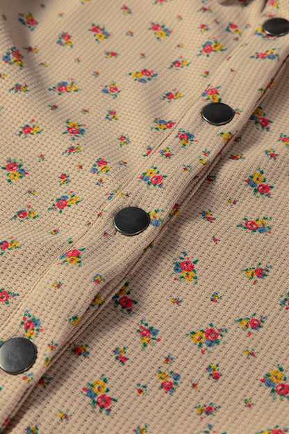 Oatmeal Boho Floral Plaid Patchwork Distressed Detail Ruffled Sleeve Waffle Knit Shacket