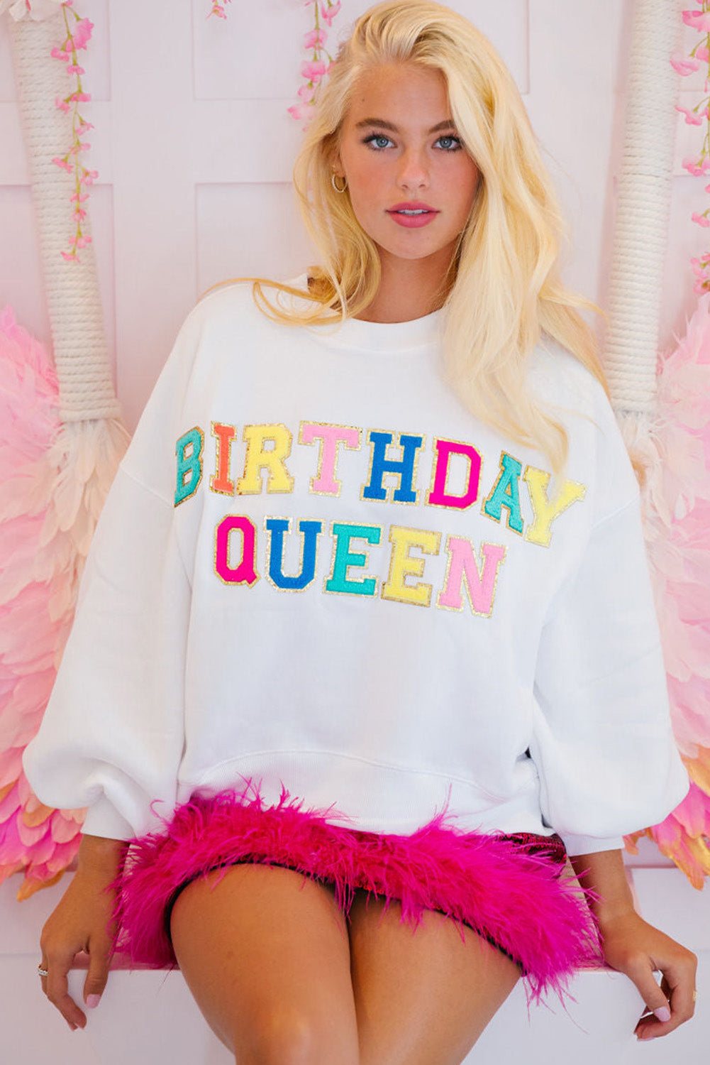 White BIRTHDAY QUEEN Graphic Balloon Sleeve Sweatshirt - Aaria Tees Aaria Tees