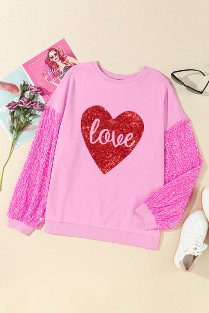 Pink Shiny Heart Shape love Print Sequined Sleeve Sweatshirt - Aaria Tees