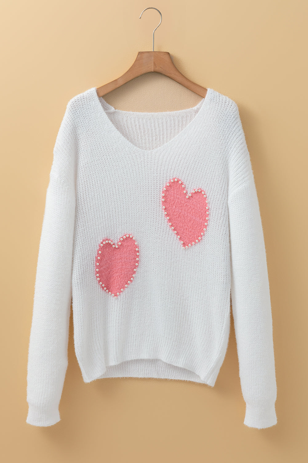 White Pearl Beaded Heart Pattern Fuzzy V Neck Sweater Aaria Tees