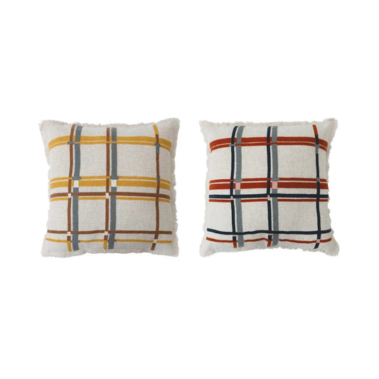 20" Fabric Blend Embroidered Plaid Pillow w/ Eyelash Fringe