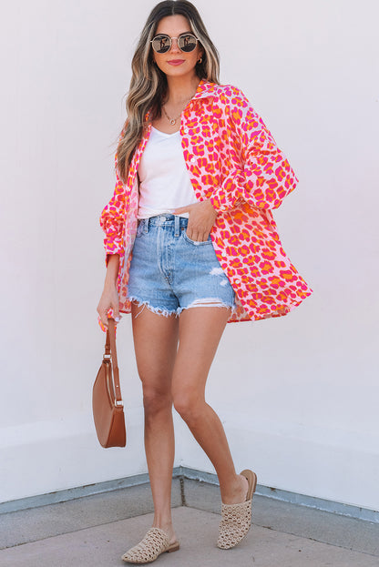 Rose Leopard Printed Button Up Loose Shirt - Aaria Tees