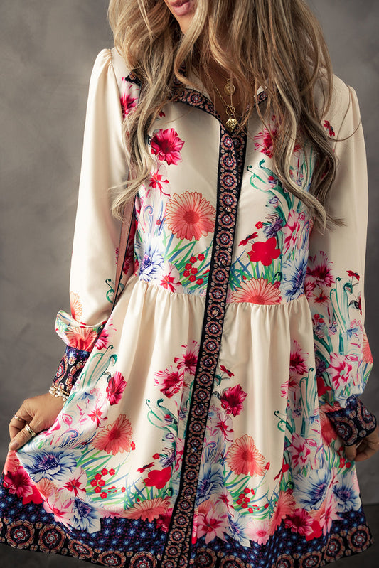 Apricot Floral Print Buttoned High Waist Shirt Mini Dress Aaria Tees