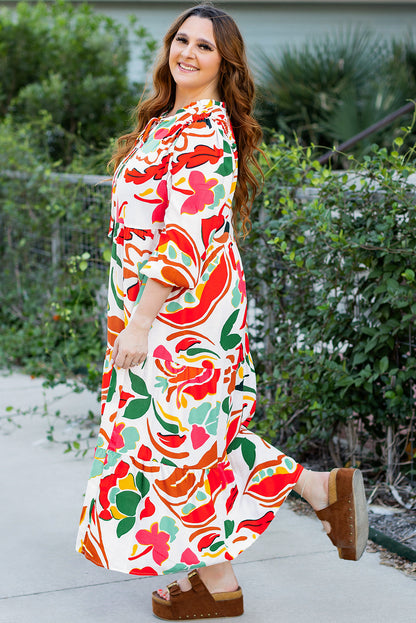 Orange Floral Print Drawstring V Neck Tiered Plus Size Dress Aaria Tees