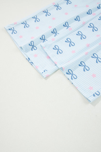 Sky Blue Stripe Bow Star Print Tied Detail 2pcs Lounge Set