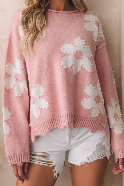 Bonbon Pearl Beaded Heart Drop Shoulder Sweater