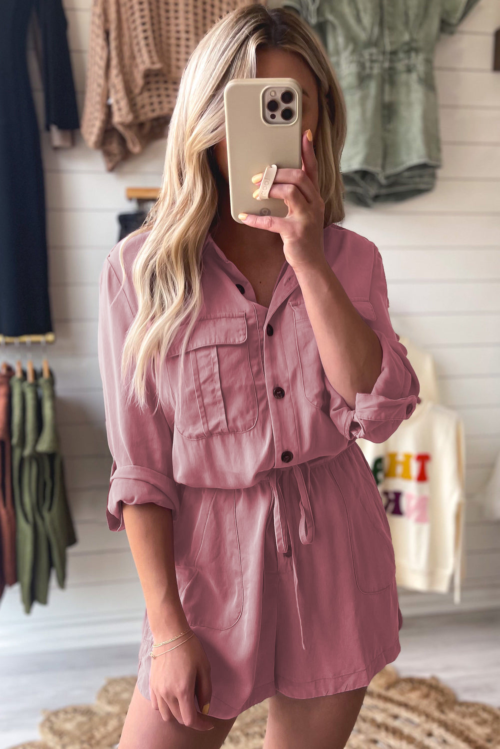 Reese Roll up Sleeve Flap Pockets Drawstring Romper Threaded Pear